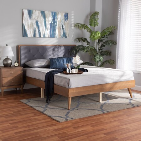 Baxton Studio Larue Modern Grey Velvet Upholstered and Walnut Brown Finished Wood King Size Platform Bed 202-11587